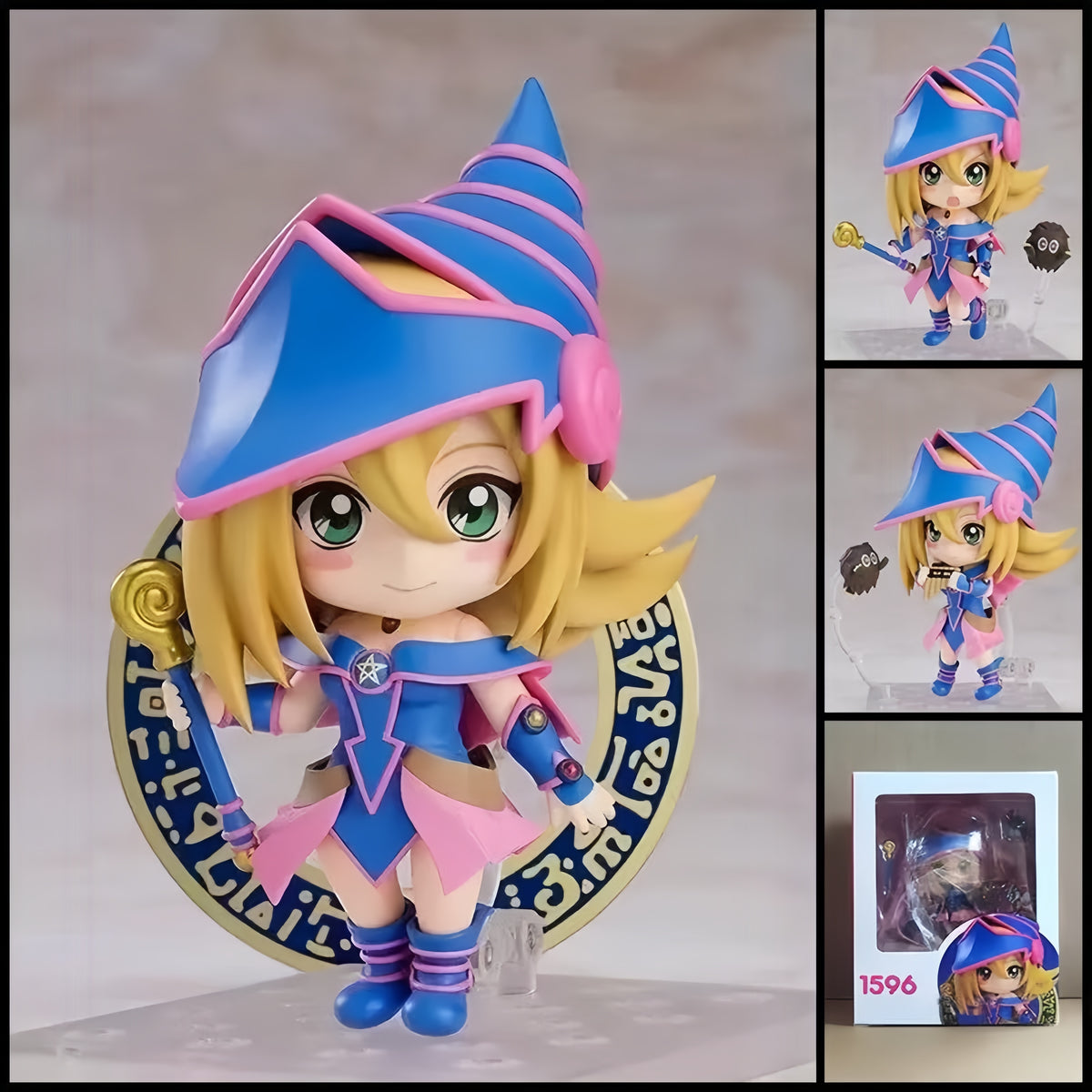 YU-GI-OH! Dark Magician Girl chibi action figure – 10 cm PVC anime figure with blue-pink magician outfit, pointed hat, magical staff and spell circle display.